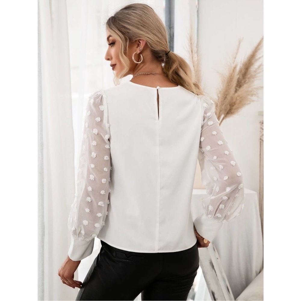 LAST 1 🖤 swiss dot sheer long sleeve blouse keyhole back white - Picture 2 of 3